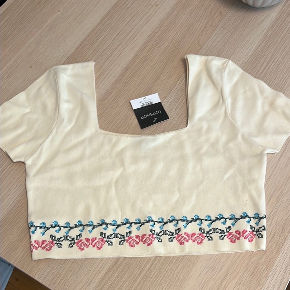 Topshop Cream Embellished Crop Blouse Cap Sleeve